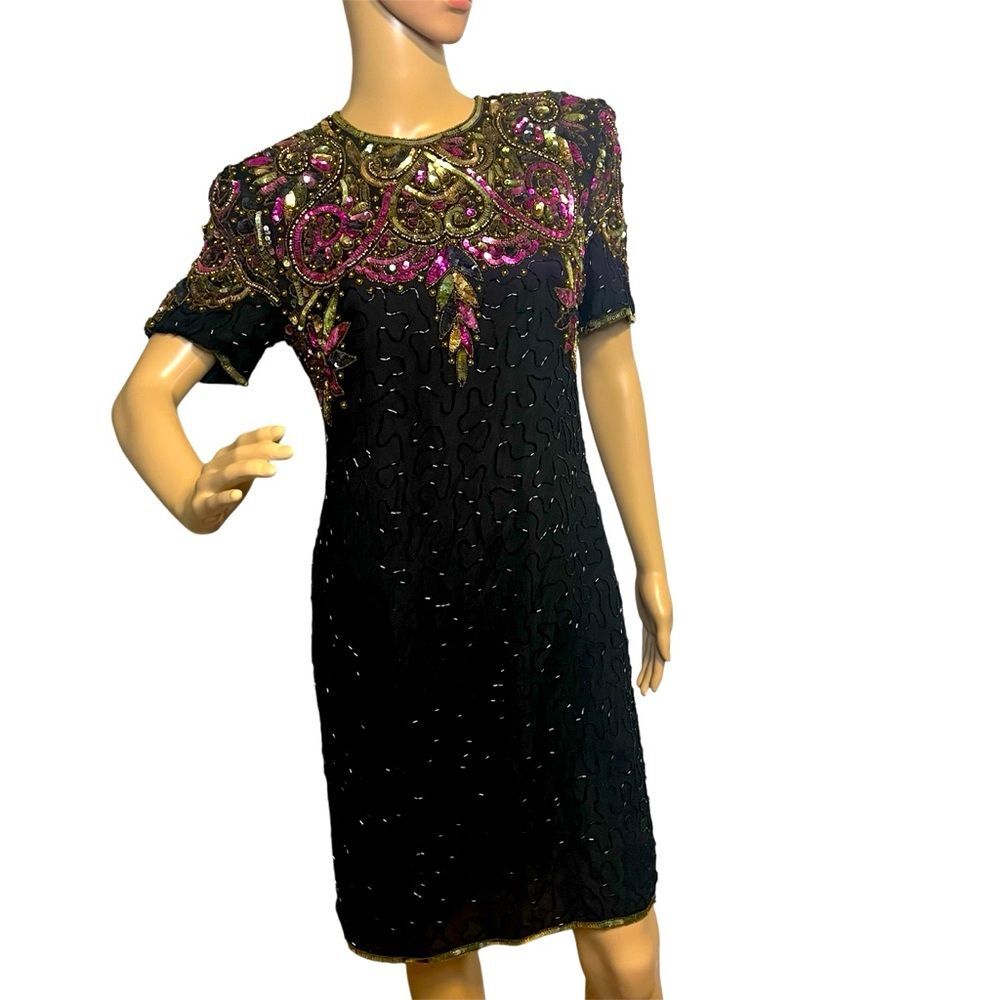 Vintage 80s Lawrence Kazar 100% silk Embellished Sequin Cocktail Dress med